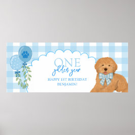 Blue One Golden Year Doodle Puppy 1st Birthday Poster
