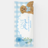 Blue One Gouden Jaar Retriever Puppy 1e Verjaardag Spandoek (Verticaal)