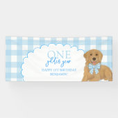 Blue One Gouden Jaar Retriever Puppy 1e Verjaardag Spandoek (Horizontaal)