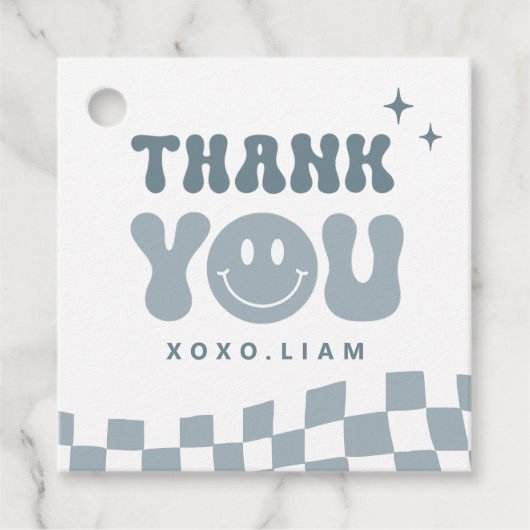 Blue ONE Happy Dude Birthday Square-favoriet Bedankjes Labels (Voorkant)