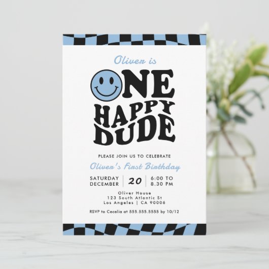 Blue One Happy Dude Preppy Smile Boy 1e Verjaardag Kaart (Staand voorkant)