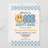 Blue ONE HAPPY DUDE Smile Retro Groovy Verjaardag Kaart (Voorkant)