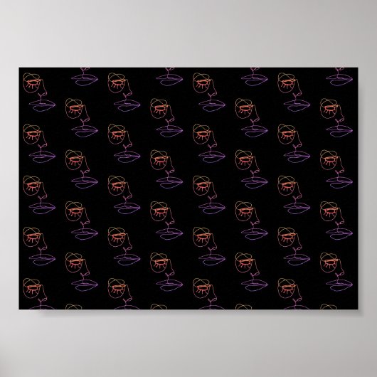 Blue One Line Face Art Poster op zwart (Voorkant)