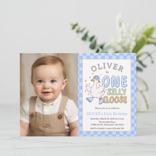 Blue One Silly Goose - Boy 1st Birthday Photo Kaart (Staand voorkant)