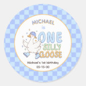 Blue One Silly Goose-Boy's First Birthday Ronde Sticker (Voorkant)
