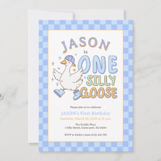 Blue One Silly Goose - Retro Boy First Birthday Kaart (Voorkant)
