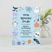 Blue One Spooky Dude Ghost Halloween 1st Birthday Kaart (Staand voorkant)