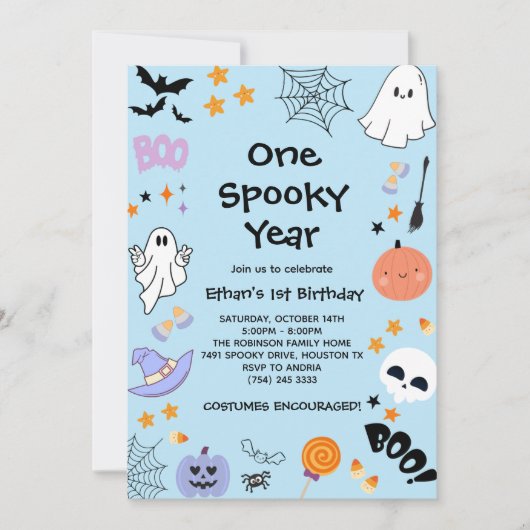 Blue One Spooky Year Ghost Halloween 1st Birthday Kaart (Voorkant)