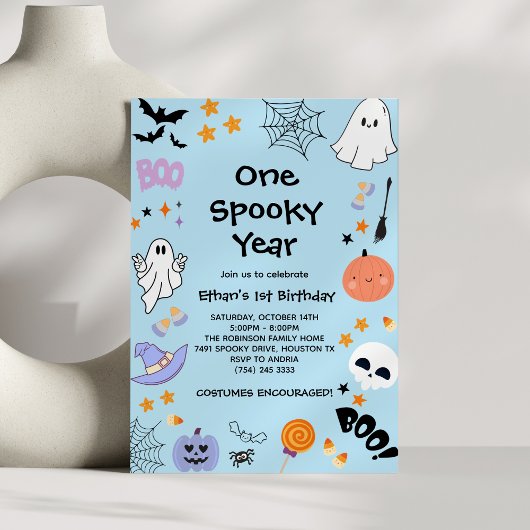 Blue One Spooky Year Ghost Halloween 1st Birthday Kaart
