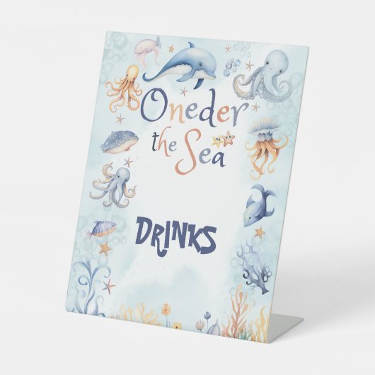 Blue Oneder the sea 1st birthday Drinks Reclamebord Met Voetstuk (Voorkant)