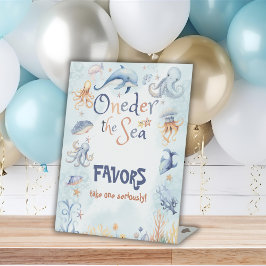 Blue Oneder the sea 1st birthday Favors Reclamebord Met Voetstuk