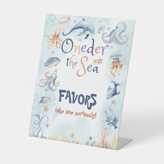 Blue Oneder the sea 1st birthday Favors Reclamebord Met Voetstuk (Voorkant)