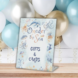 Blue Oneder the sea 1st birthday Gifts Reclamebord Met Voetstuk