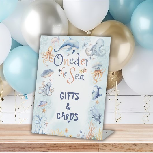 Blue Oneder the sea 1st birthday Gifts Reclamebord Met Voetstuk