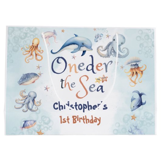 Blue Oneder the sea boys 1st birthday Groot Cadeauzakje (Achterkant)