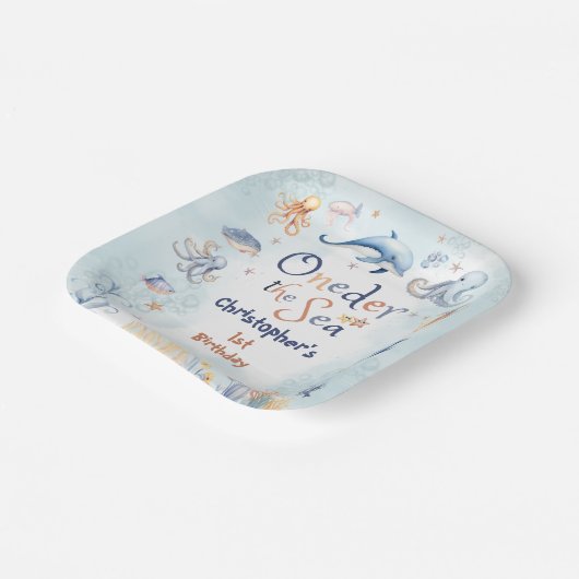 Blue Oneder the sea boys 1st birthday Papieren Bordje (Gebogen)