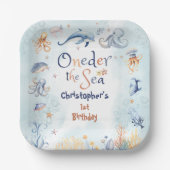 Blue Oneder the sea boys 1st birthday Papieren Bordje (Voorkant)