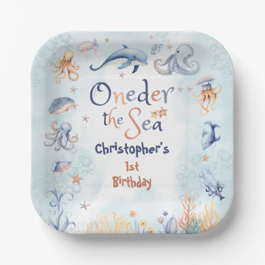 Blue Oneder the sea boys 1st birthday Papieren Bordje (Voorkant)