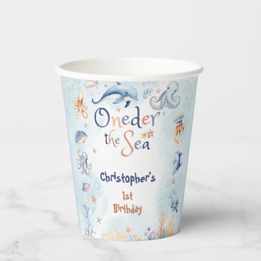 Blue Oneder the sea first birthday Sticker Papieren Bekers (Voorkant)
