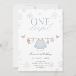 Blue ONEderful Winter First Birthday Invitation Bedankkaart