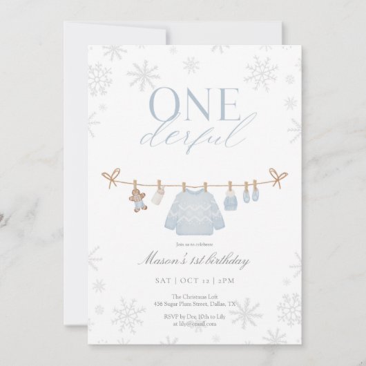Blue ONEderful Winter First Birthday Invitation Bedankkaart (Voorkant)