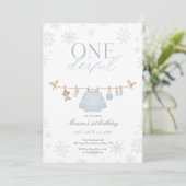 Blue ONEderful Winter First Birthday Invitation Bedankkaart (Staand voorkant)