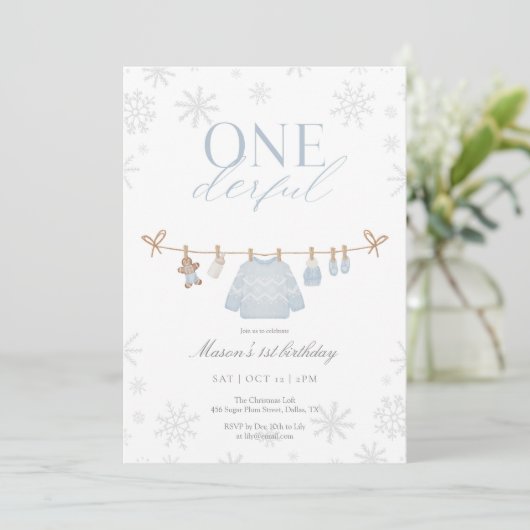 Blue ONEderful Winter First Birthday Invitation Bedankkaart (Staand voorkant)