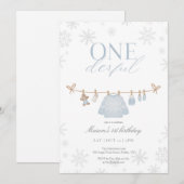 Blue ONEderful Winter First Birthday Invitation Bedankkaart (Voorkant / Achterkant)