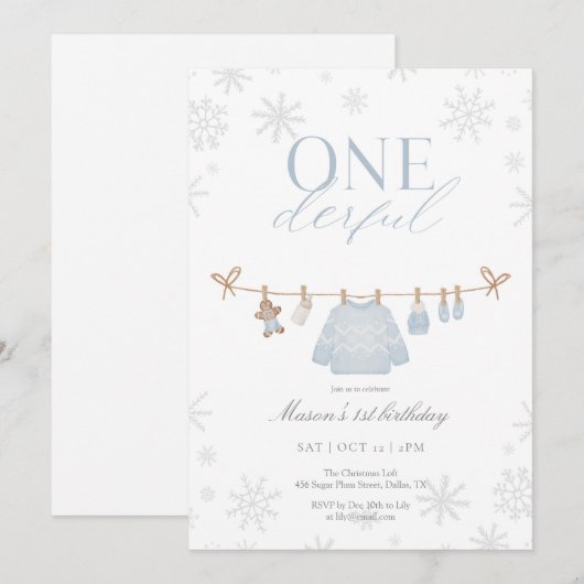 Blue ONEderful Winter First Birthday Invitation Bedankkaart (Voorkant / Achterkant)