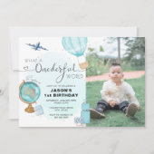 Blue ONEderful World Foto 1st Birthday Uitnodiging (Voorkant)