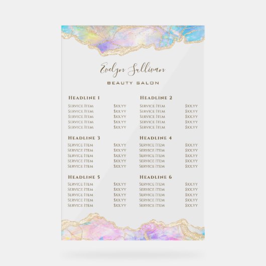 Blue Opal Design prijslijst Acryl Bord (Voorkant)