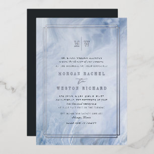 Blue Opal Monogram Wedding Silver Folie Uitnodiging