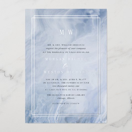Blue Opal Monogram Wedding Silver Folie Uitnodiging (Voorkant)
