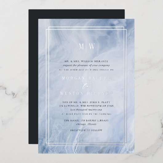 Blue Opal Monogram Wedding Silver Folie Uitnodiging (Voorkant / Achterkant)