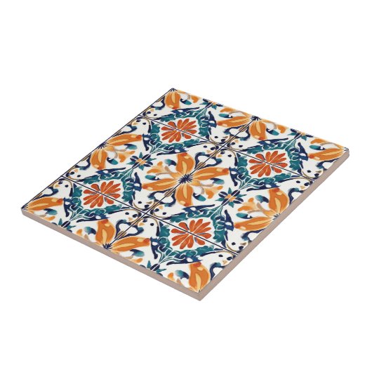 Blue Orange and Yellow Pattern Ceramic Tile Tegeltje (Zijkant)