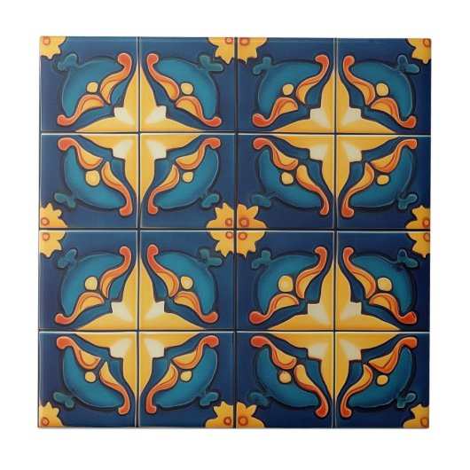 Blue Orange and Yellow Pattern Ceramic Tile Tegeltje (Voorkant)