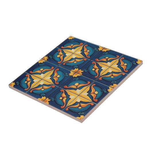 Blue Orange and Yellow Pattern Ceramic Tile Tegeltje (Zijkant)