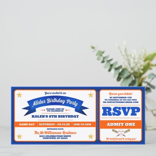 Blue & Orange Baseball Allstar Ticket Birthday Kaart (Staand voorkant)