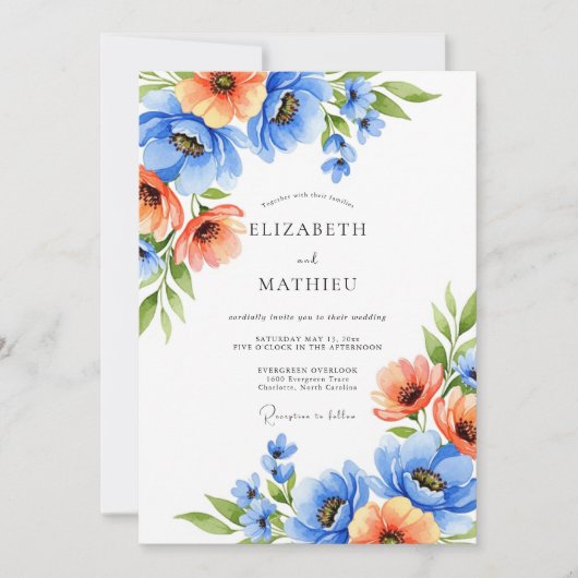 Blue Orange Blooming Romance Wedding Kaart (Voorkant)
