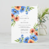 Blue Orange Blooming Romance Wedding Kaart (Staand voorkant)