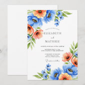 Blue Orange Blooming Romance Wedding Kaart (Voorkant / Achterkant)