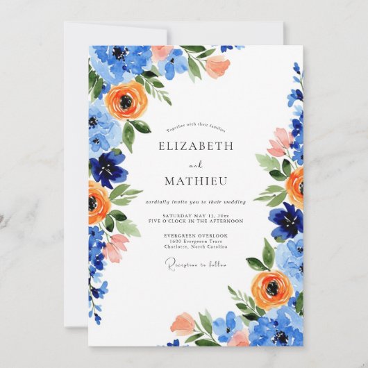 Blue Orange Blooming Spring Wedding Kaart (Voorkant)