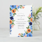 Blue Orange Blooming Spring Wedding Kaart (Staand voorkant)