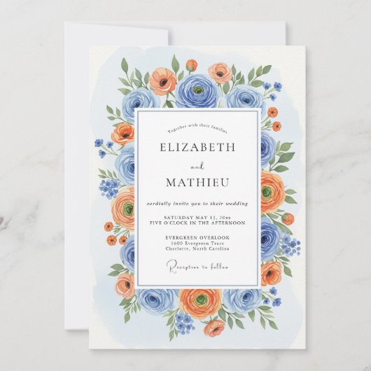 Blue Orange Blossom Romance Wedding Kaart (Voorkant)