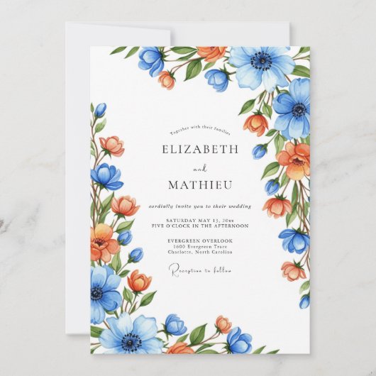 Blue Orange Botanical Romance Wedding Kaart (Voorkant)
