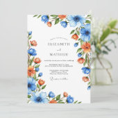 Blue Orange Botanical Romance Wedding Kaart (Staand voorkant)