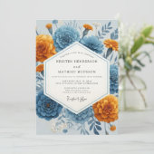 Blue Orange Floral Autumn Wedding Kaart (Staand voorkant)