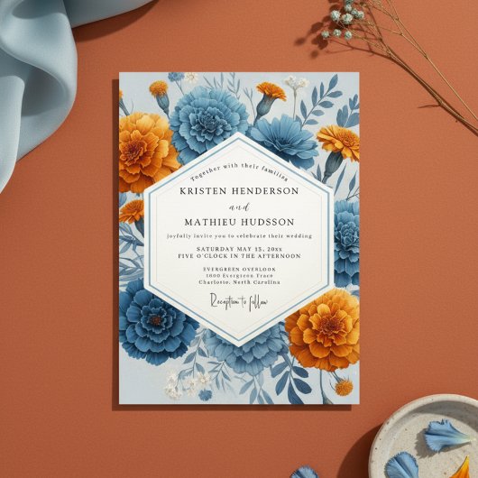 Blue Orange Floral Autumn Wedding Kaart