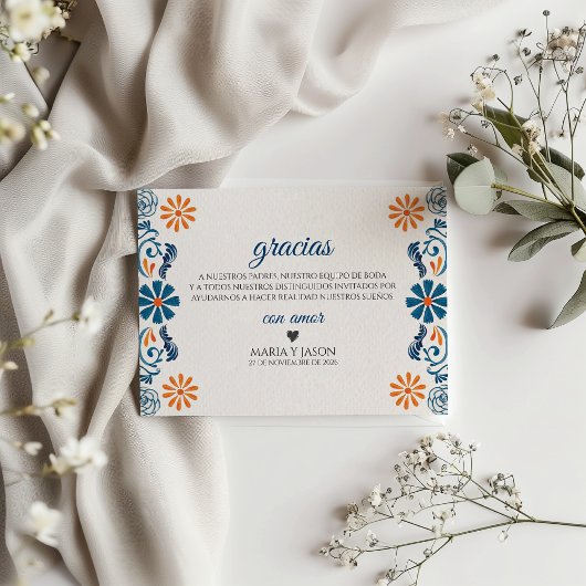 Blue Orange Floral Elegant Fiesta Spanish Wedding Bedankkaart