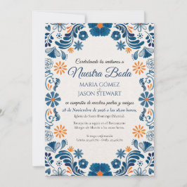 Blue Orange Floral Elegant Fiesta Spanish Wedding Kaart